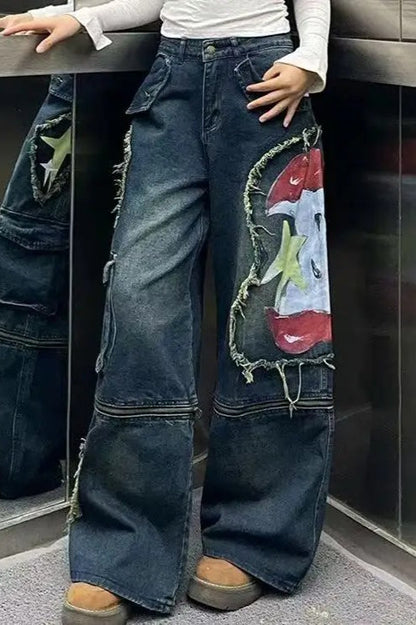 Graffiti Print Wide-Leg Jeans