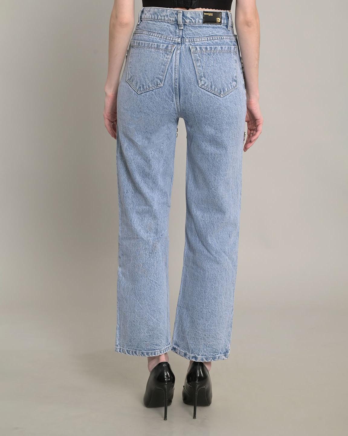 High-Waisted Rhinestone Paneled Straight-Leg Casual Jeans