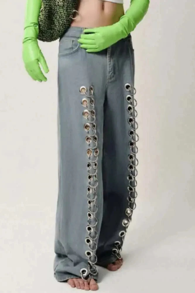Metal Hole Hollow Out Straight Jeans