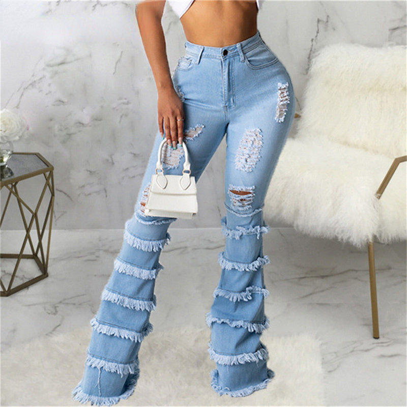 DressBetty - High Waist Stretch Denim Washed Destroyed Holes Ripped Tassel Skinny Flare Jeans