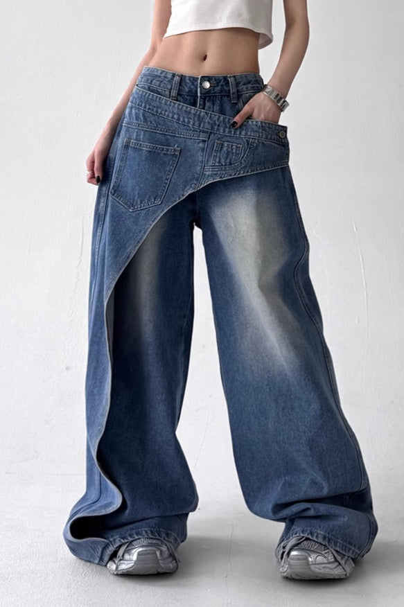 Asymmetric Panel Patchwork Wide Leg High Waist Jeans