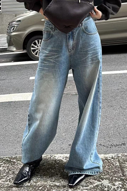 Vintage Washed Whisker Wide Leg Denim Jeans