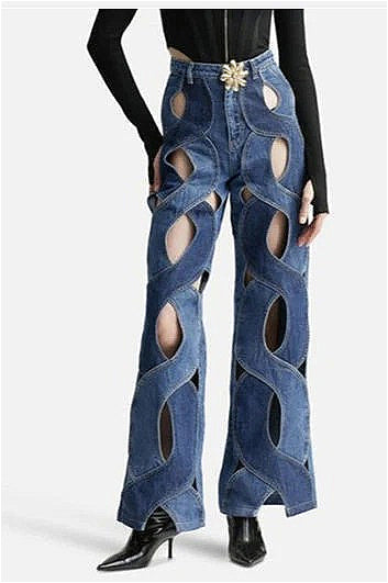Hollow Button Patchwork Wide Leg Jeans