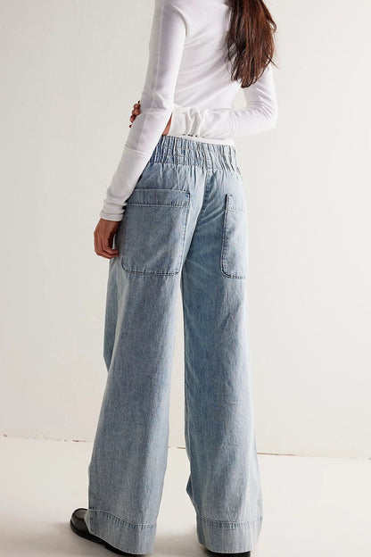 Elastic Waist Mid Rise Ruched Loose Wide Leg Jeans