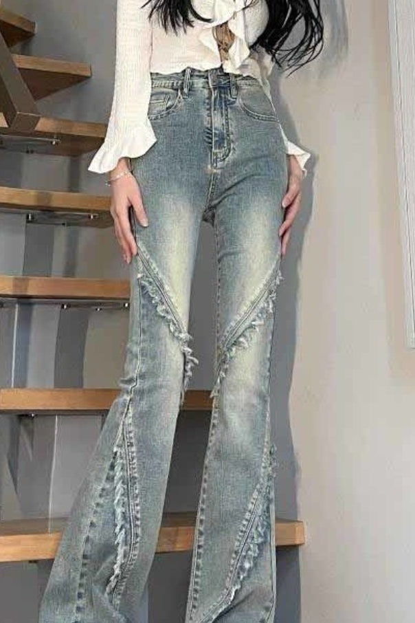 Vintage Frayed High Waist Bootcut Slim Jeans