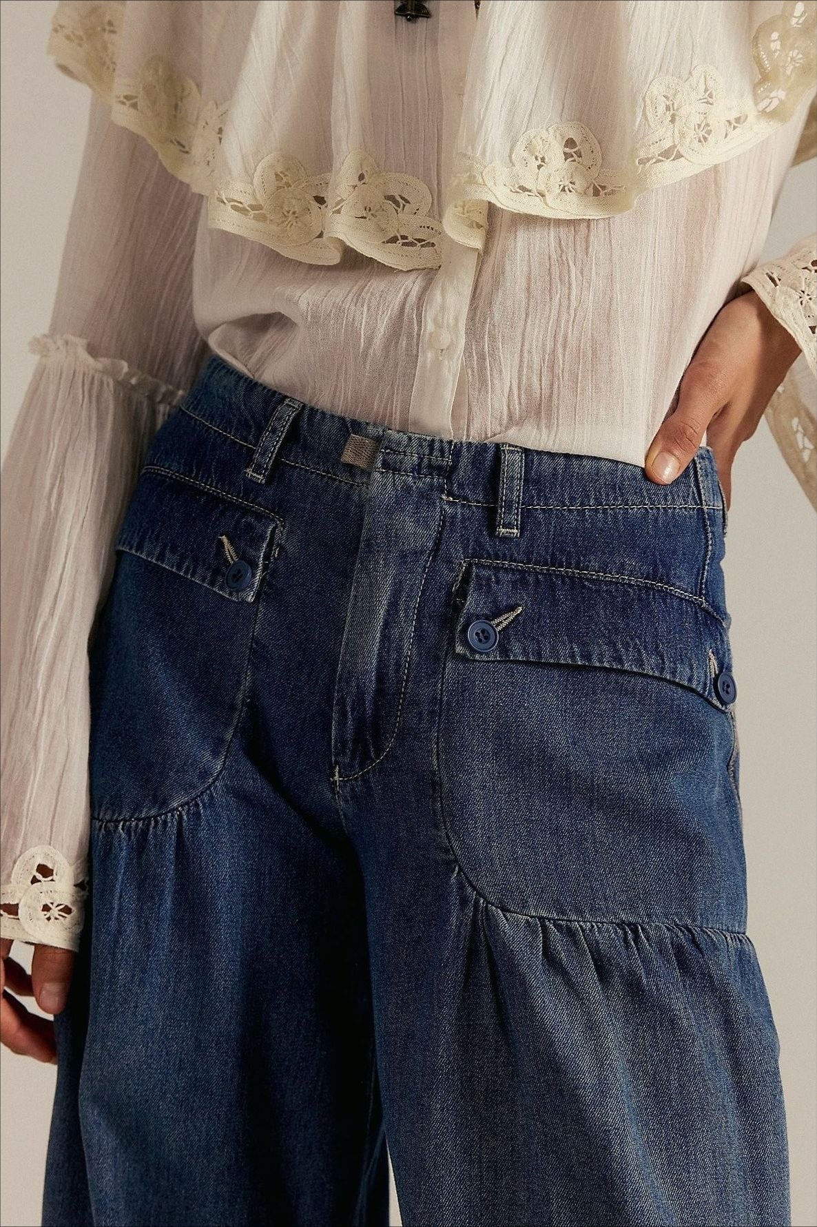 Ruched Mid Rise Wide Leg Jeans