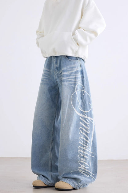 Letter Printed Slouchy Wide Leg Versatile Jeans