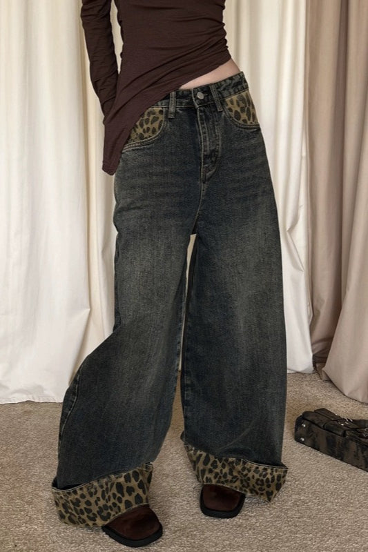 Vintage Leopard Print Cuff Relaxed Jeans