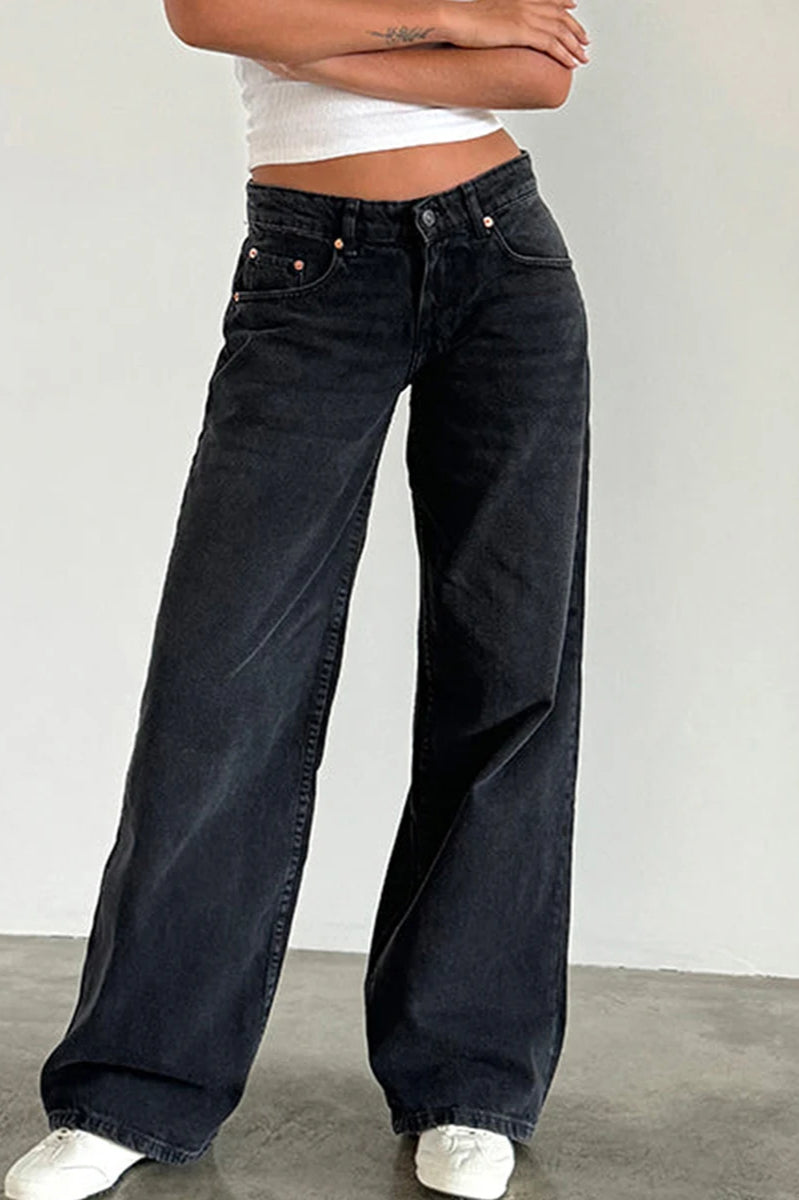 Solid Color Wide Leg Denim Jeans