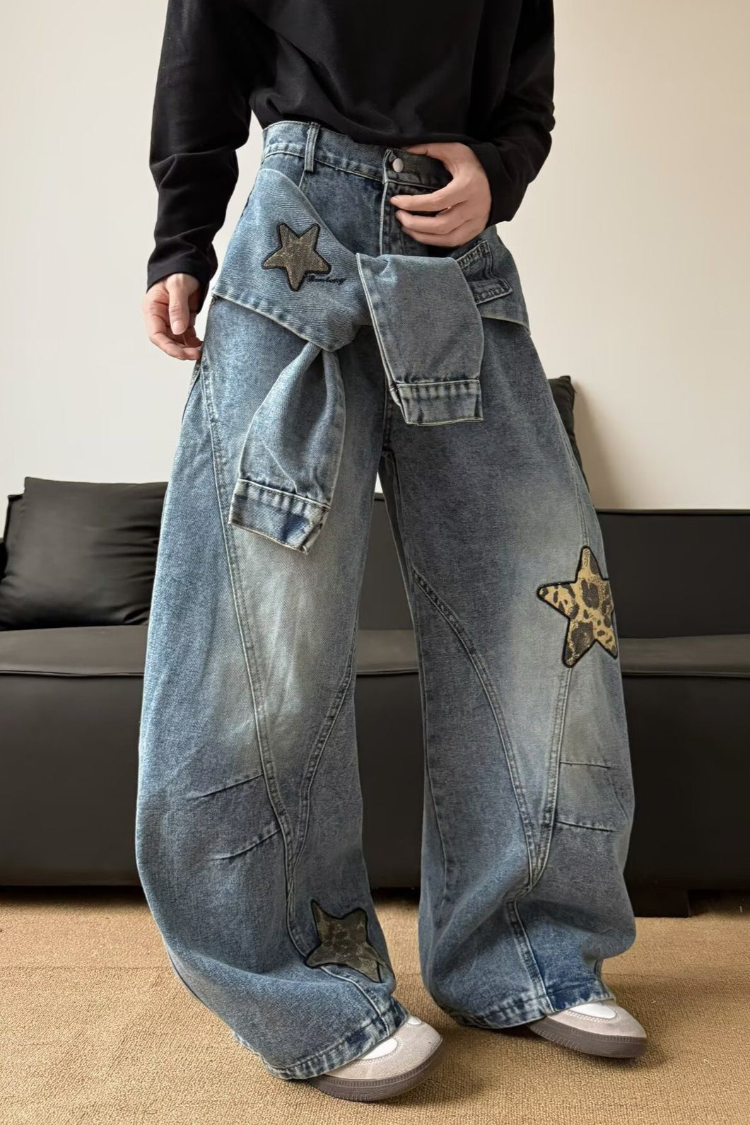 Leopard Print Patchwork Tie Loose Wide Leg Retro Jeans