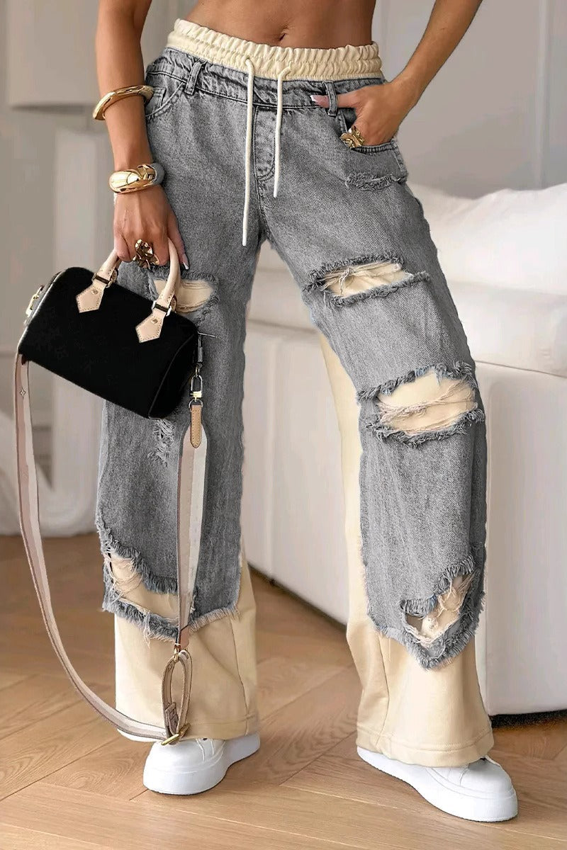 Patchwork Distressed Denim Jeans