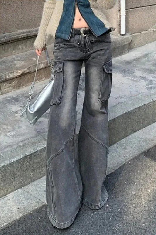 Black Pocket Design Low Waist Workwear Jeans