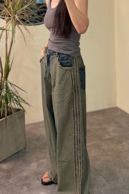 Striped Color Block Drawstring Loose Wide Leg Straight Jeans