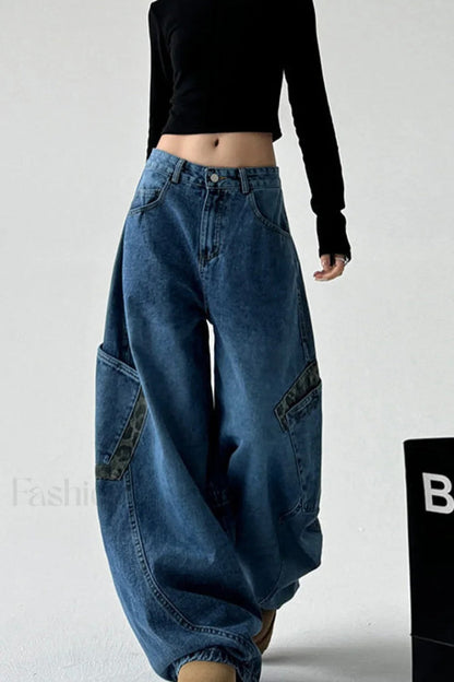 Leopard Spliced Vintage Wide Leg Jeans