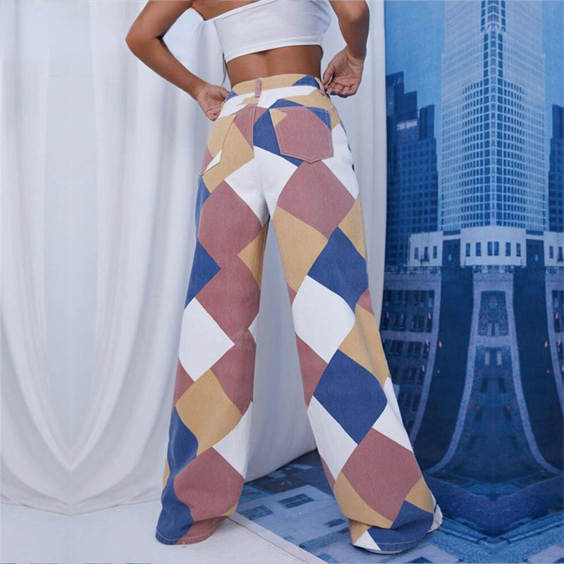 DressBetty - Stitching Box Contrast Color Casual High Waisted Big Straight Leg Printing Denim