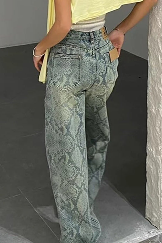 Serpentine Print Low Waist Straight Leg Jeans