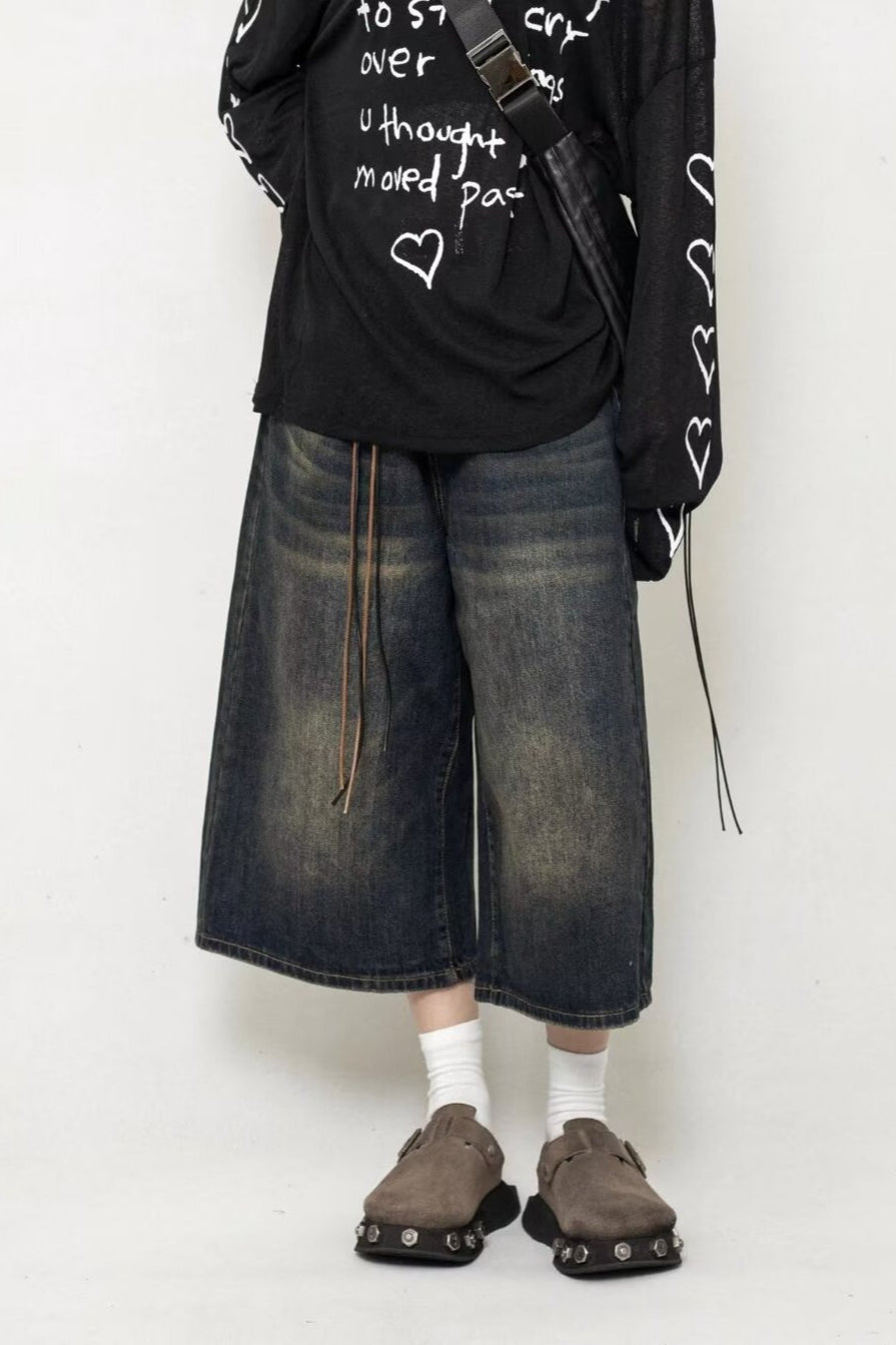 Cropped Wide Leg Vintage Distressed Jeans