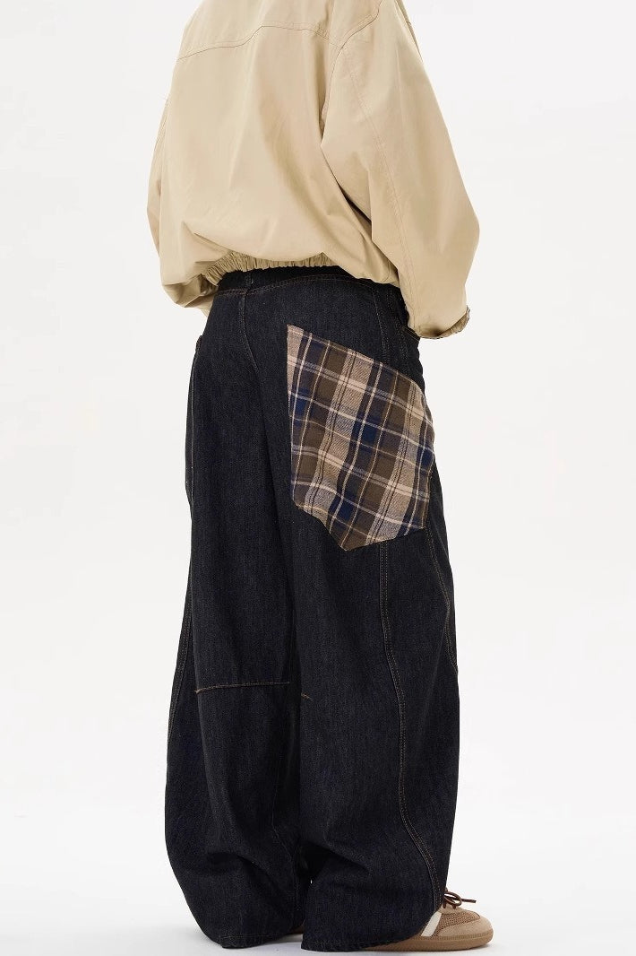 Plaid Patchwork Slouchy Retro Curved Denim Jeans