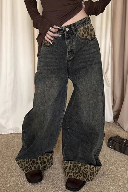 Patchwork Vintage Leopard Cuffed Wide Leg Jeans