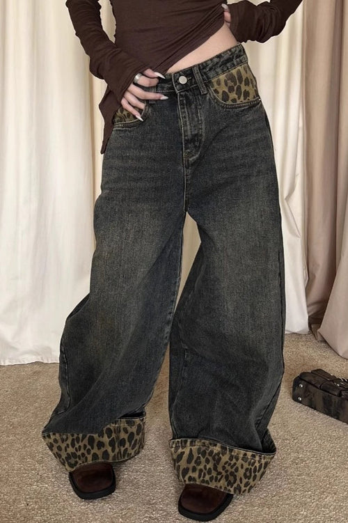 Patchwork Vintage Leopard Cuffed Wide Leg Jeans