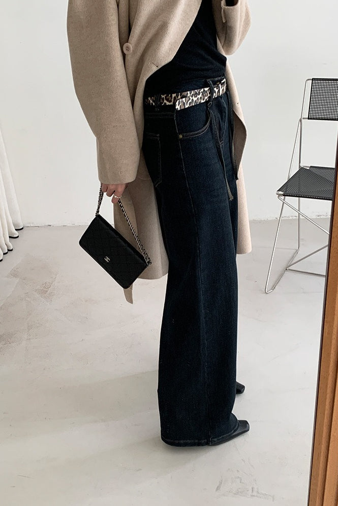 Solid Pendant Thick High Waist Straight Jeans