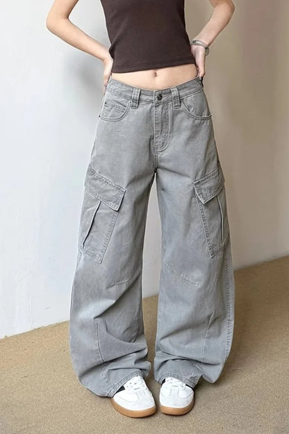 Vintage Grey Wide Leg Cargo Jeans