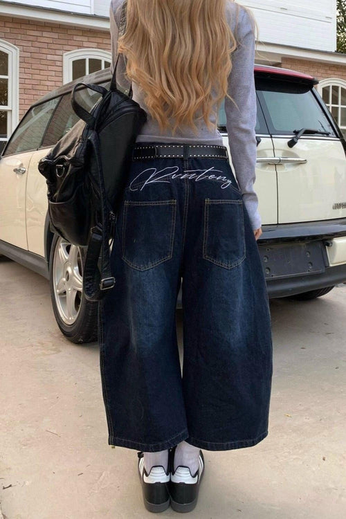 Vintage Back Embroidery Patchwork Wide Leg Jeans