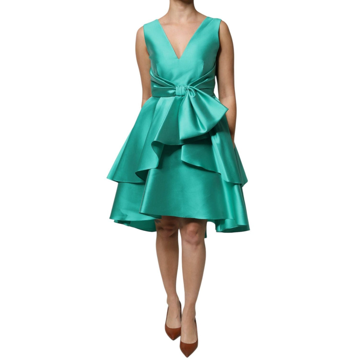 Alberta Ferretti Green Satin Polyester Sleeveless V-neck Layered Dress