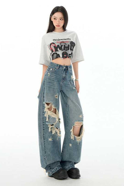 Retro Distressed Long Straight Leg Jeans