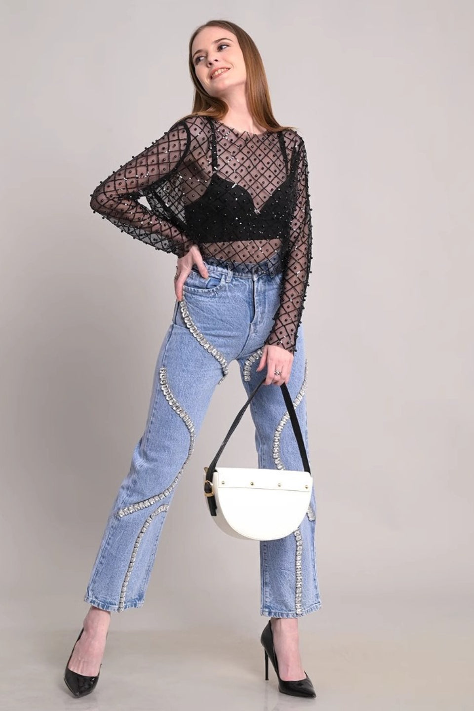 High Waist Rhinestone Panel Wide Leg Straight Jeans