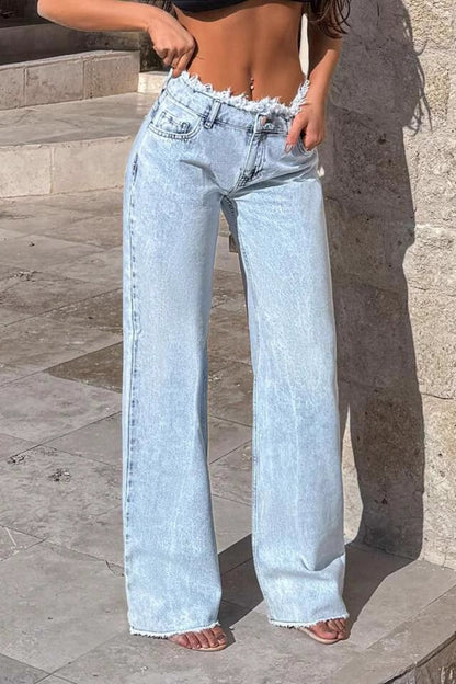 Frayed High Waist Loose Wide Leg Jeans