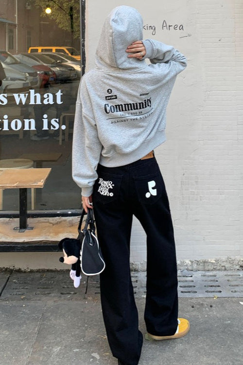Solid Color Contrast Print Loose Straight Casual Jeans