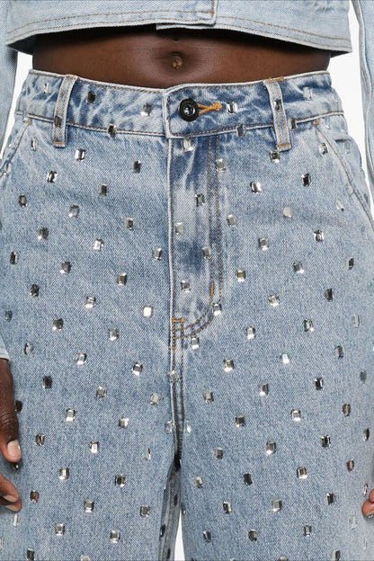 Rhinestone High Waist Denim Wide Leg Jeans