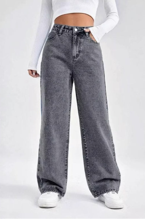 Grey Vintage High Waist Straight Jeans