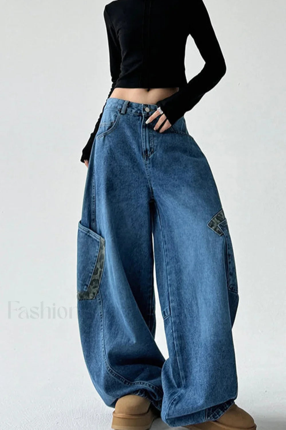 Leopard Spliced Vintage Wide Leg Jeans