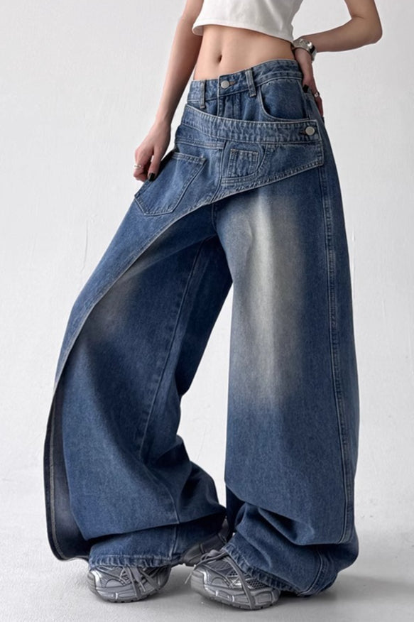 Asymmetric Panel Patchwork Wide Leg High Waist Jeans