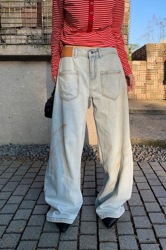 Distressed Ruched Wide Leg Designer Pocket Jeans