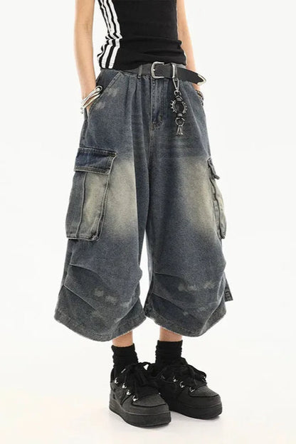 Vintage Washed Workwear Cropped Jeans