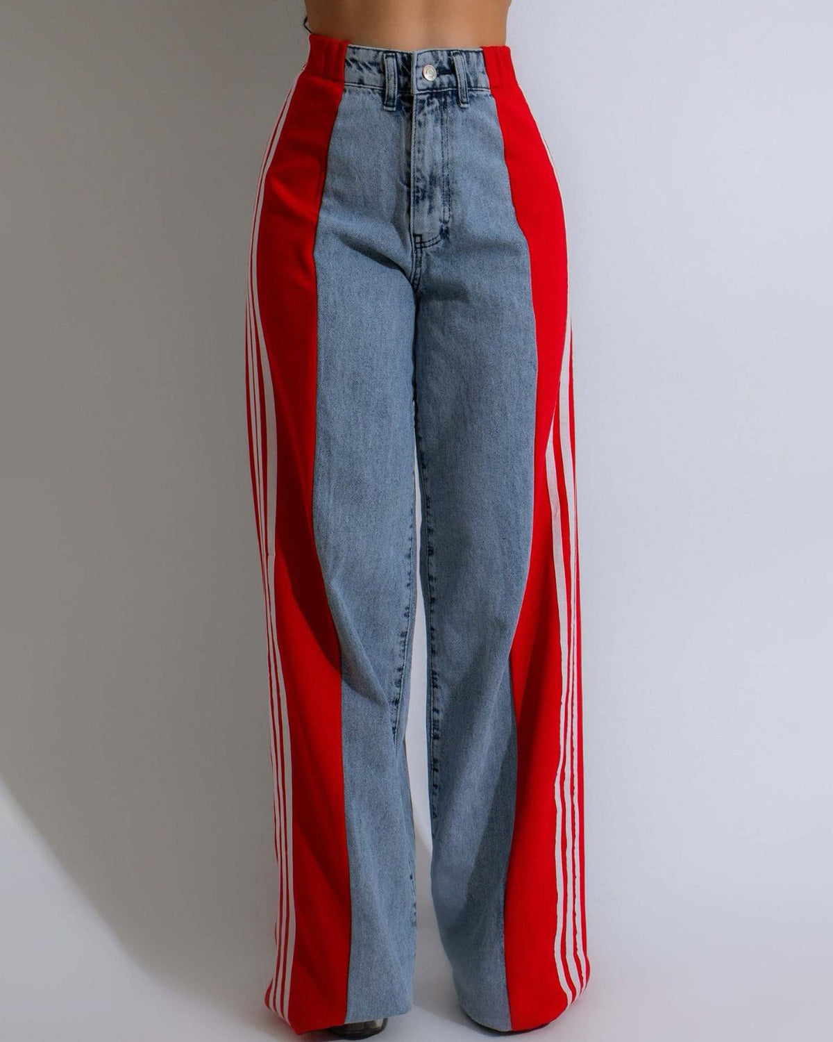 High Waisted Straight Pants Casual Pants Striped Patchwork Jeans