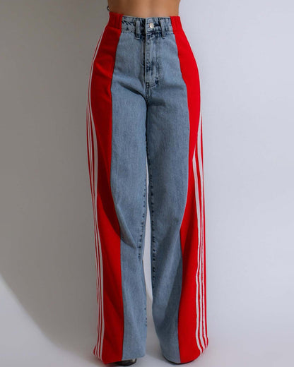 High Waisted Straight Pants Casual Pants Striped Patchwork Jeans
