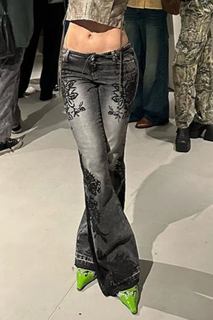 Vintage Plant Print Flared Jeans