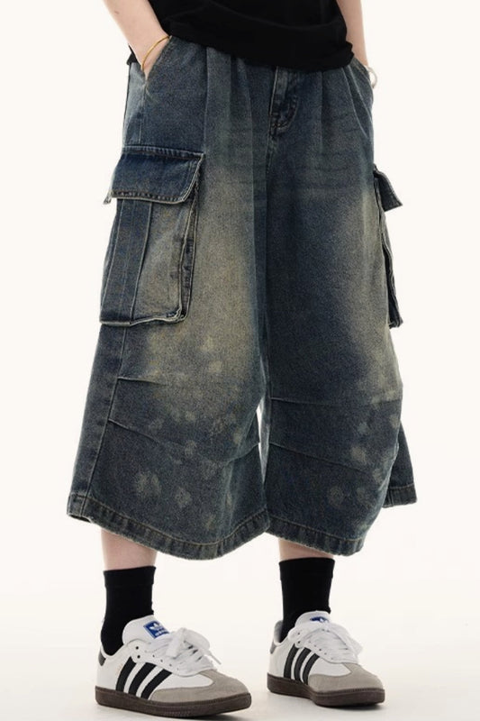 Multi Pocket Ruched Cargo Relaxed Straight Jeans