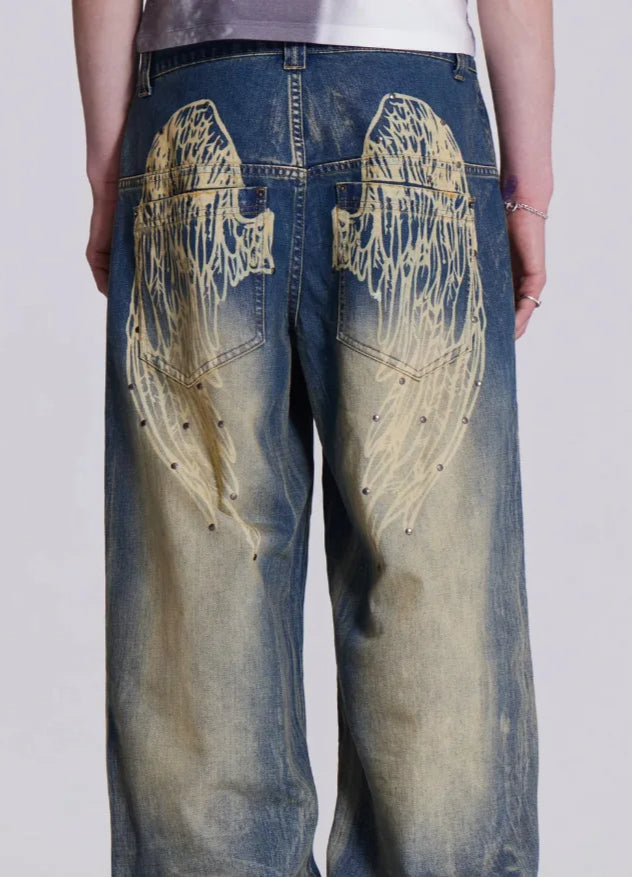 Gradient Wing Print Wide Leg Jeans