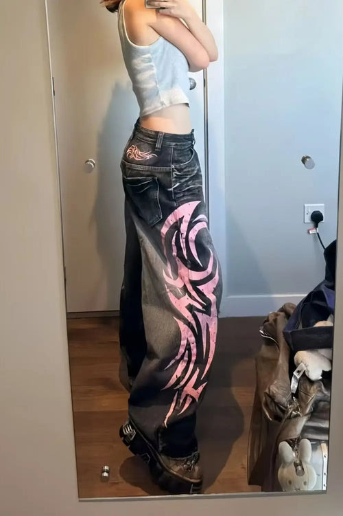 Vintage Print High Waist Wide Leg Jeans