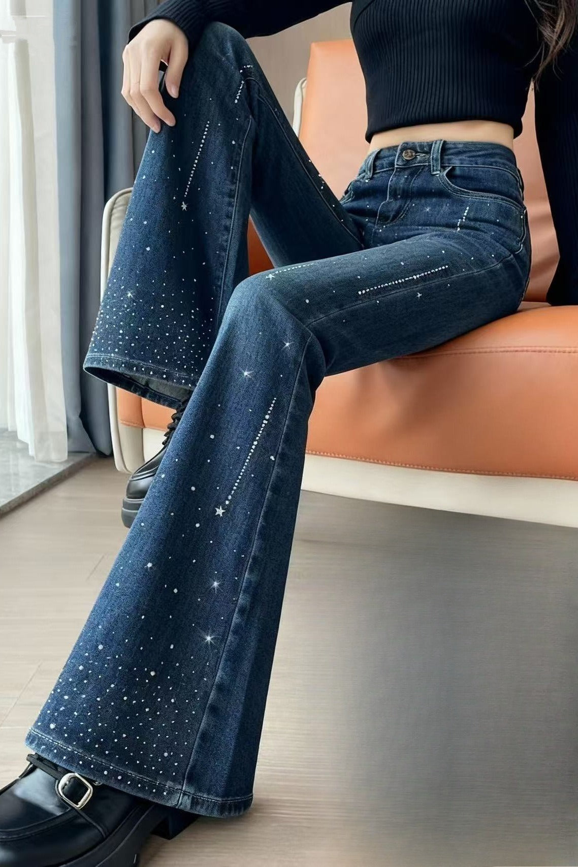 Sparkly Rhinestone High Waist Flare Jeans