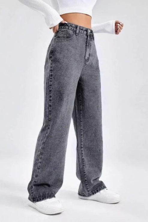 Grey Vintage High Waist Straight Jeans
