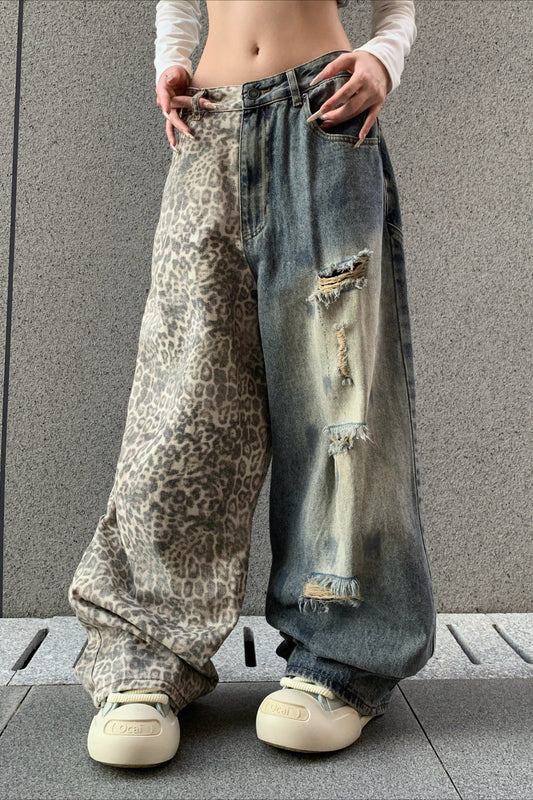 Leopard Print Ripped Wide Leg Jeans