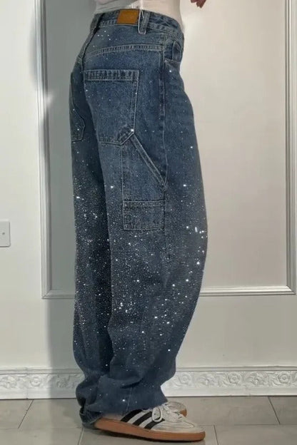 Allover Rhinestone Washed Wide Leg Jeans