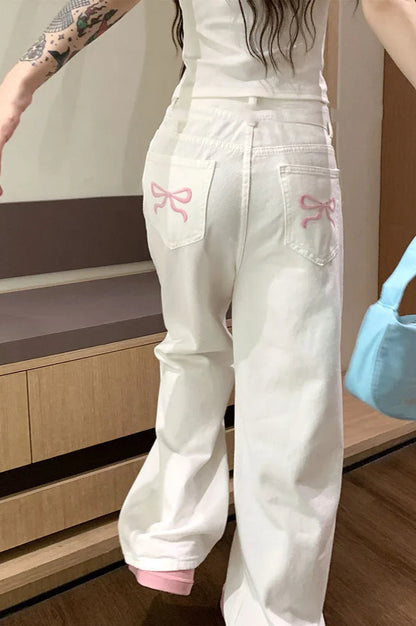 Embroidered Pink Bow Wide Leg Jeans