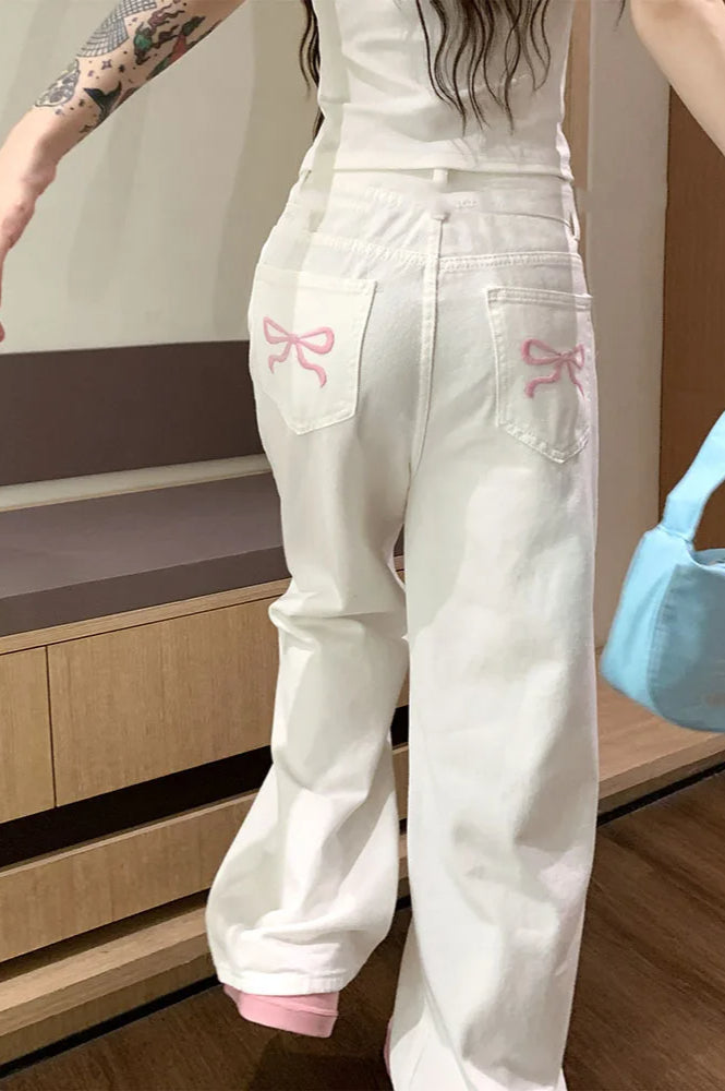 Embroidered Pink Bow Wide Leg Jeans